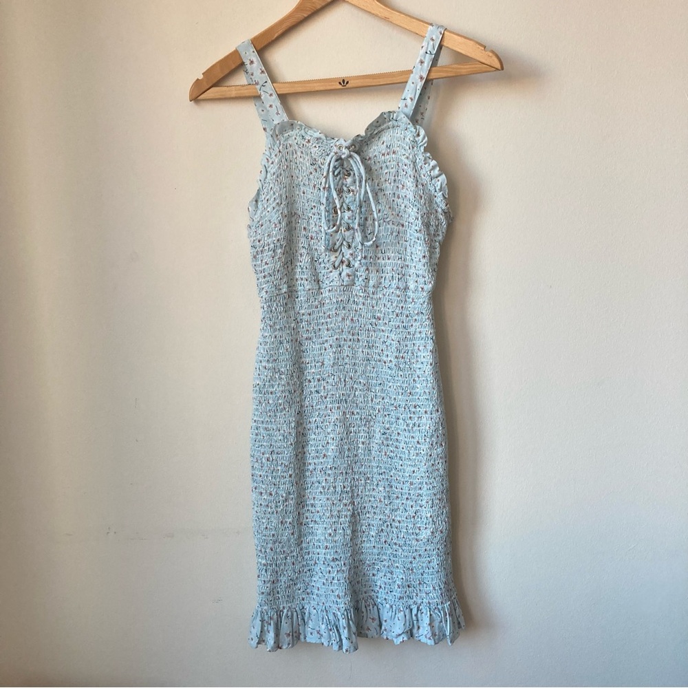 Japna Smocked Mini Dress Women’s S Blue Floral Ruffles Cottagecore Romantic